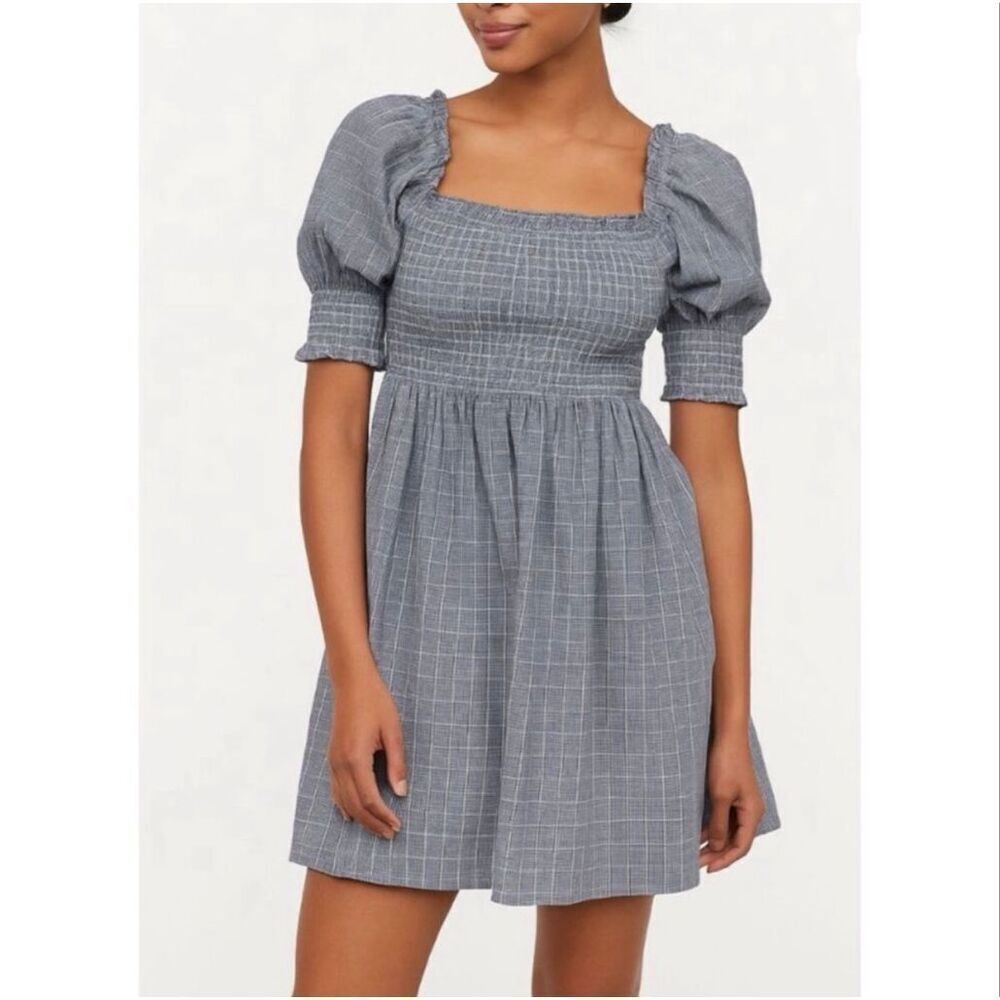 Hill House Home Athena Nap Dress Small Matilda Plaid Smocked Puff Sleeve Mini
